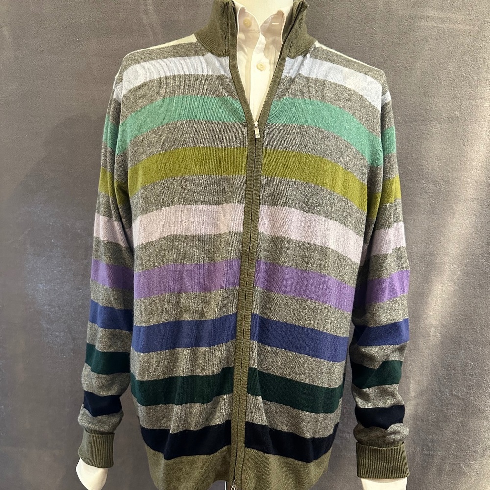 New Henry Jacobson, size Lg, gray ground, multicolor stripe zip-front cardigan